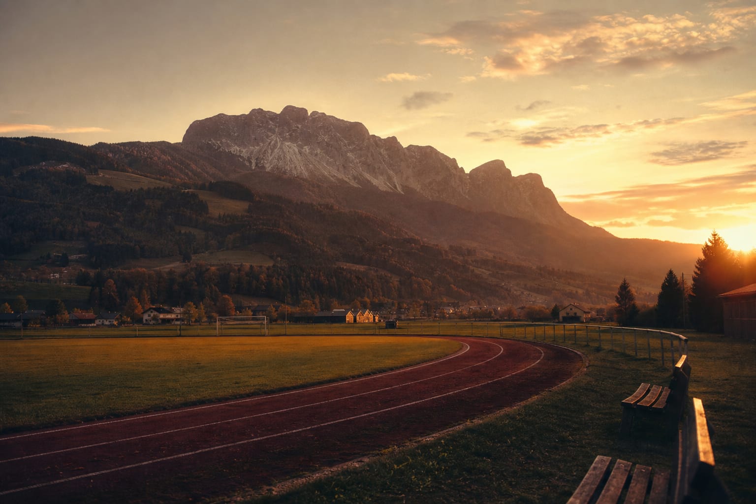 Blick auf das Sportgelände in Irdning unterhalb des Grimming-Massivs