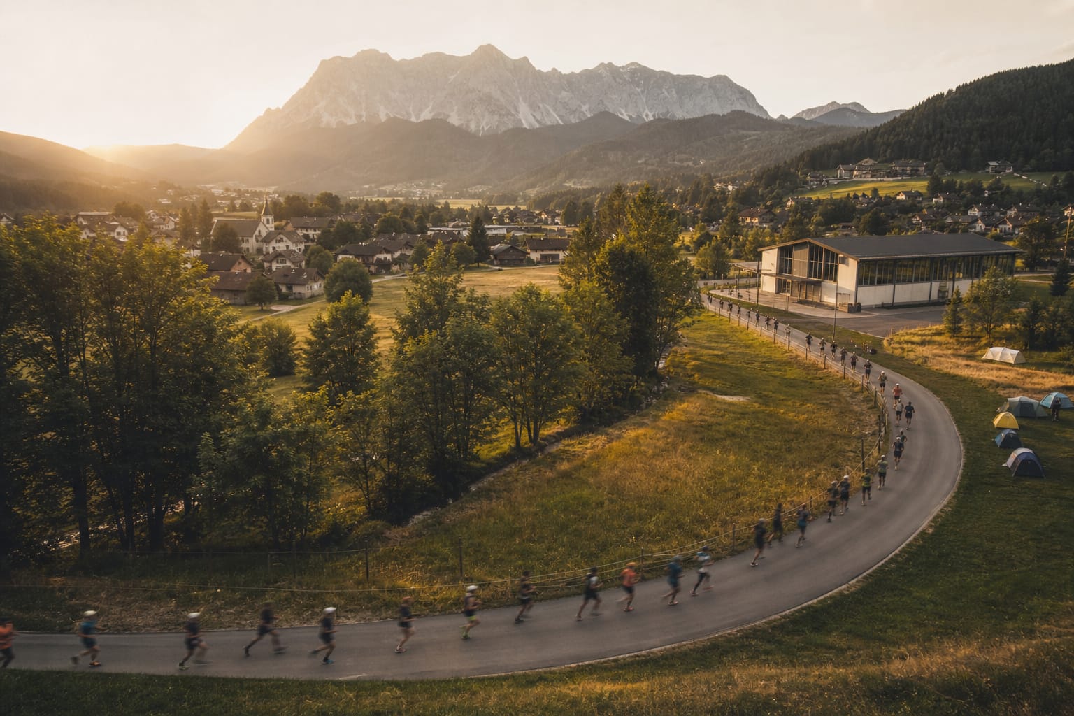Beleuchteter Rundkurs durch eine Dorf-Sportanlage im steirischen Ennstal
