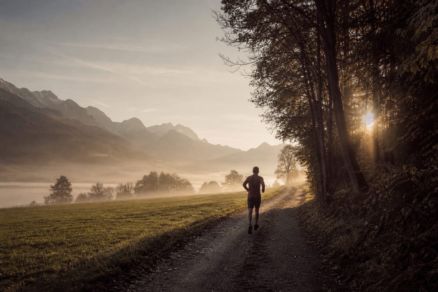Läufer beim Solo-Lauf in der Dämmerung auf einer Asphaltstraße im Ennstal