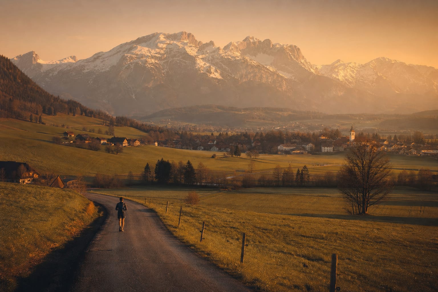 Alpenpanorama im Ennstal in der Steiermark mit Laufstrecke im Tal
